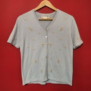 Pastel Blue Floral Embroidered Short Sleeve Knit Cardigan Size Small